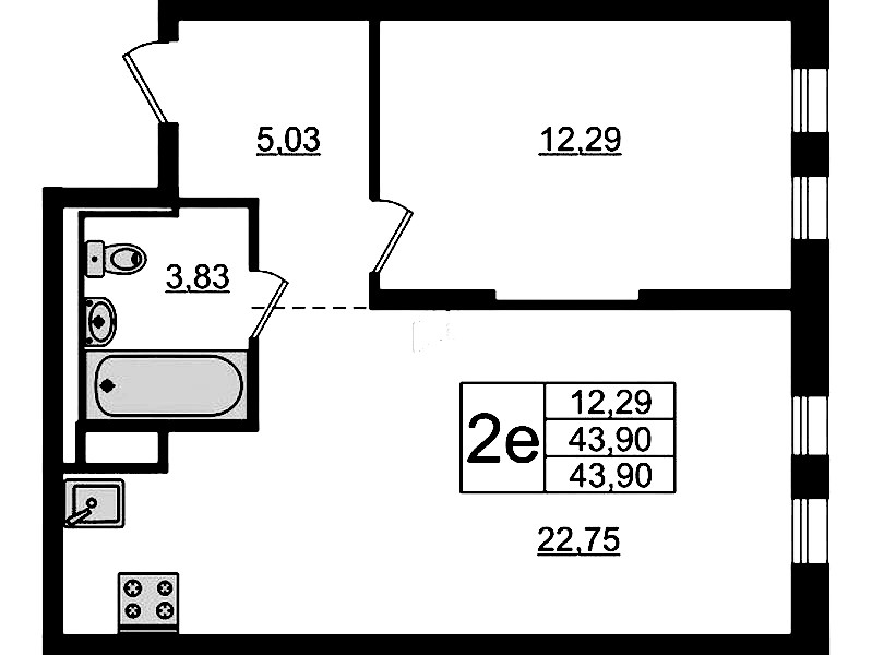 1-комнатная квартира 43.9 м², 5/12 эт., ЖК «Новые Лаврики»
